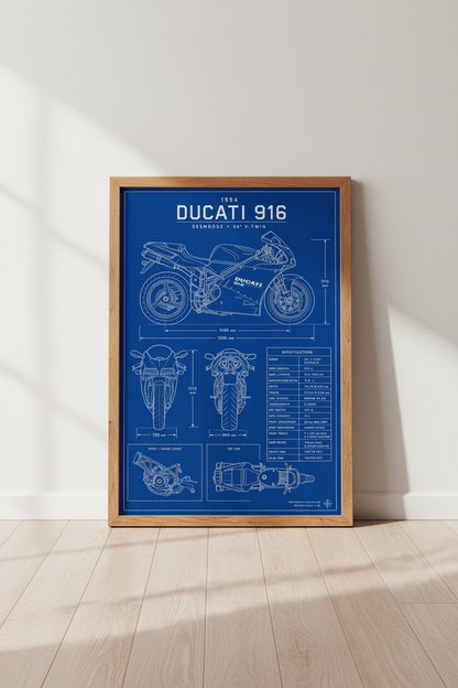 Ducati 916 Blueprint Motorcycle Wall Art | Garage Decor | Industrial Poster