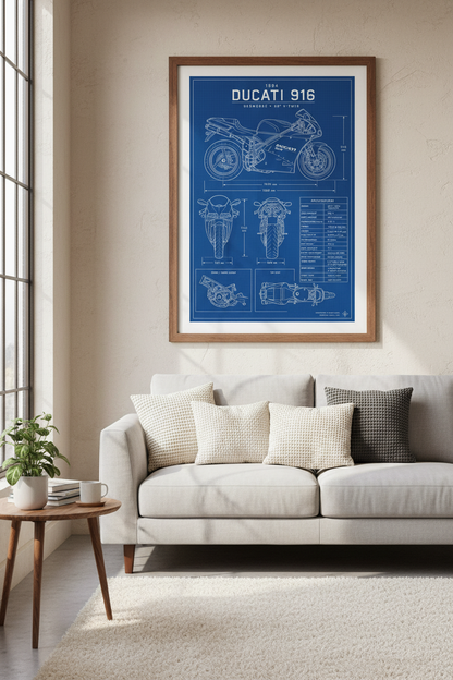 Ducati 916 Blueprint Motorcycle Wall Art | Garage Decor | Industrial Poster