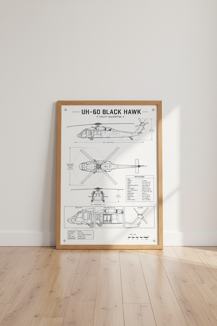 UH-60 Black Hawk Blueprint Wall Art | Aviation Technical Poster, Military Gift
