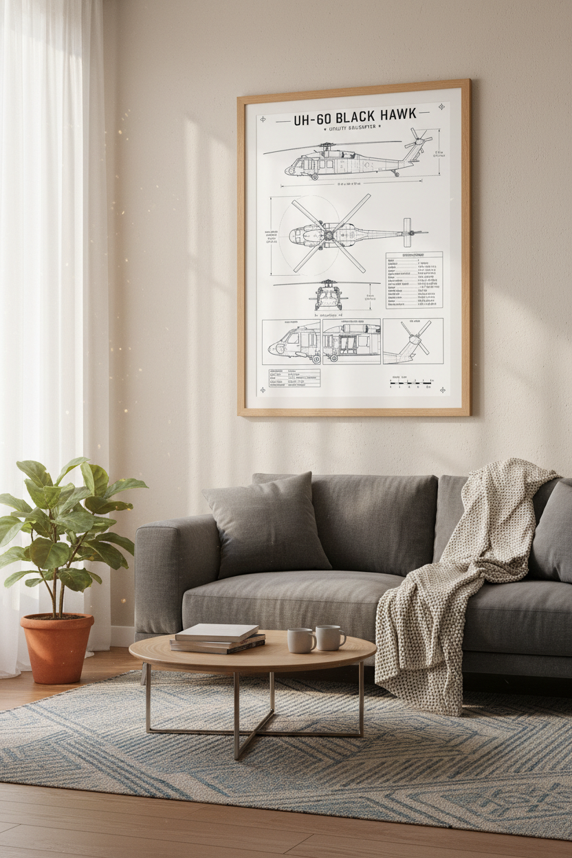 UH-60 Black Hawk Blueprint Wall Art | Aviation Technical Poster, Military Gift