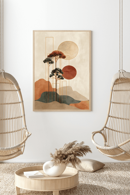 Minimalist Japanese Wall Art - Tranquil Abstract Landscape with Gold Accents