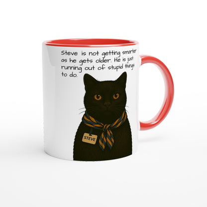Steve Mysterious Cat Mug – Vintage Black Cat with Scarf – Funny 11oz Coffee Mug for Cat Lovers – Blank Name Tag – Quirky Animal Art Gift