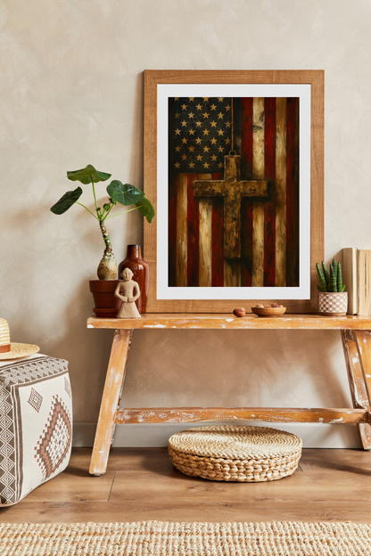 Christian Country Poster - American Flag &amp; Cross Wall Art | Patriotic Faith-Based Home Decor Print