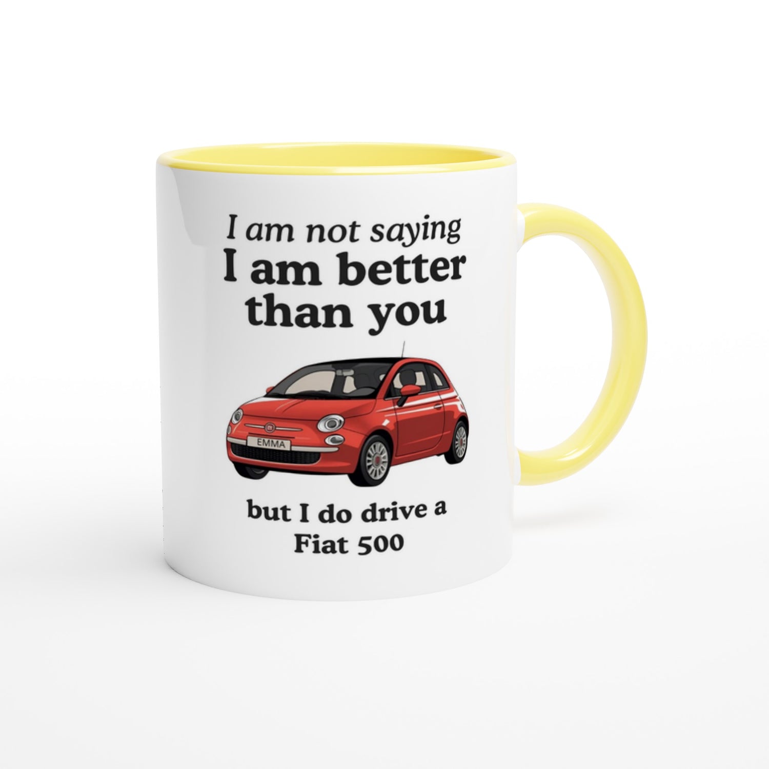 Funny Personalized Fiat 500 Owner Mug - Custom Name - Dishwasher &amp; Microwave Safe - Sassy Gift Ceramic Yellow