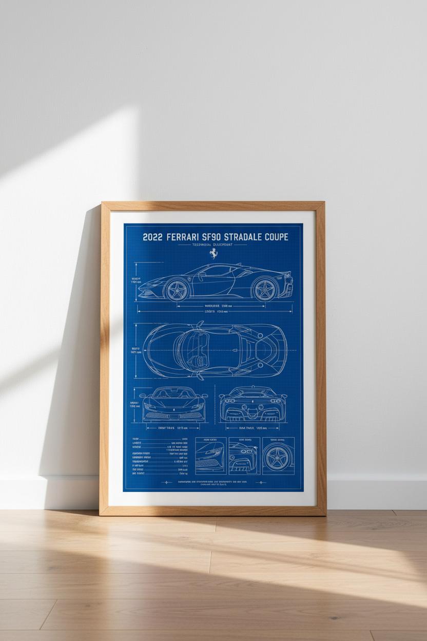 Ferrari SF90 Stradale Blueprint | Supercar Technical Poster, Man Cave &amp; Office Decor
