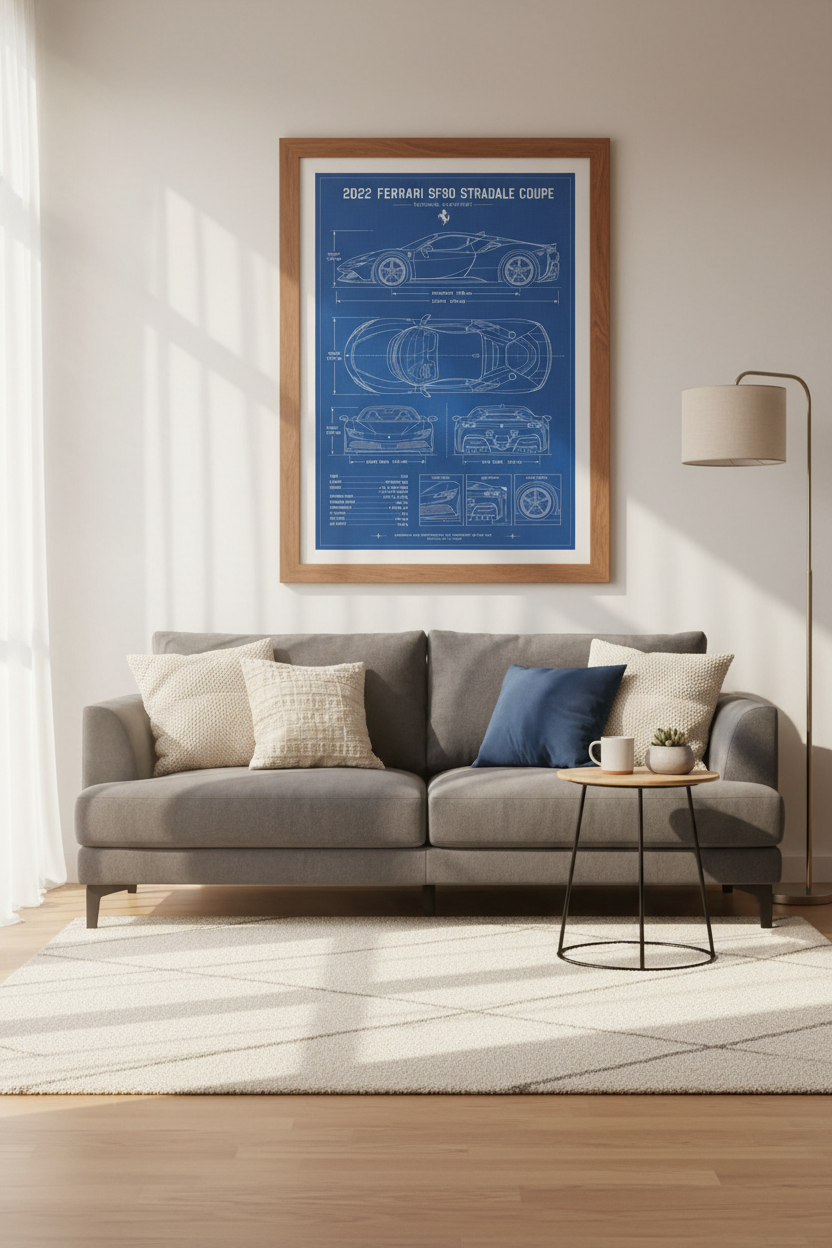 Ferrari SF90 Stradale Blueprint | Supercar Technical Poster, Man Cave &amp; Office Decor