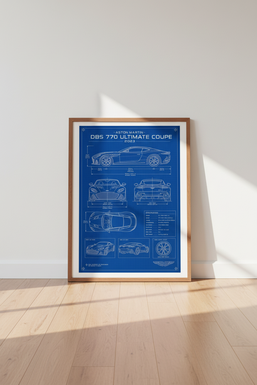 Aston Martin DBS 770 Car Blueprint Art | Modern Office Decor | Luxury Automotive Poster