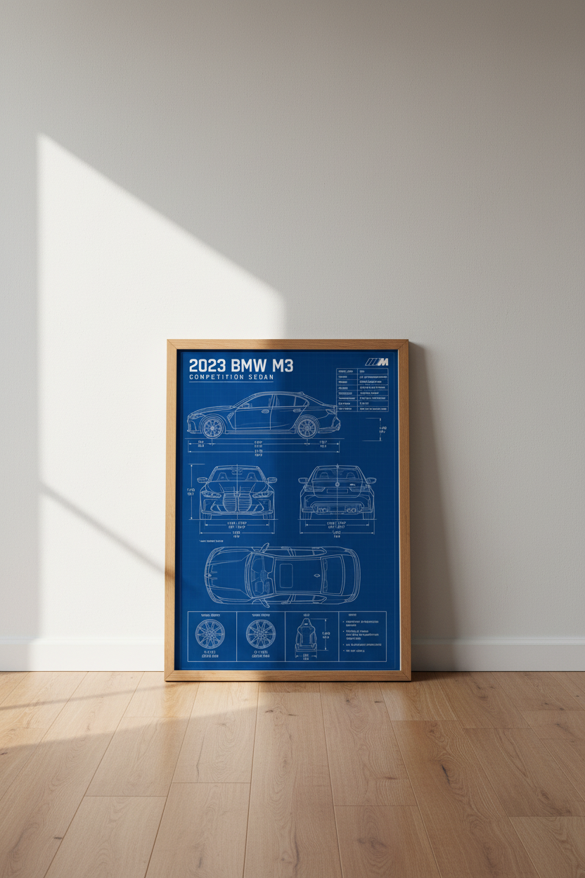 BMW M3 Blueprint Wall Art | Automotive Technical Poster, Garage &amp; Office Decor