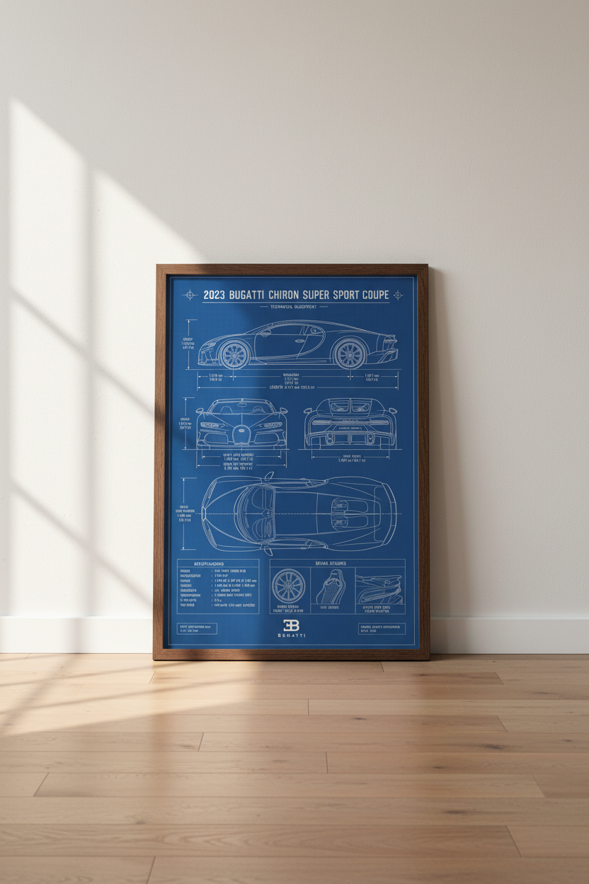 Bugatti Chiron Blueprint Wall Art | Office Decor | Technical Automotive Poster