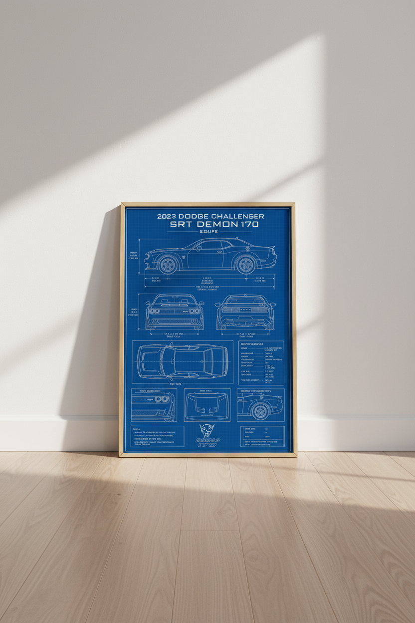 Dodge Challenger SRT Demon 170 Blueprint Art | Garage Decor | Muscle Car Poster