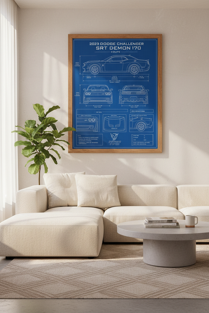 Dodge Challenger SRT Demon 170 Blueprint Art | Garage Decor | Muscle Car Poster