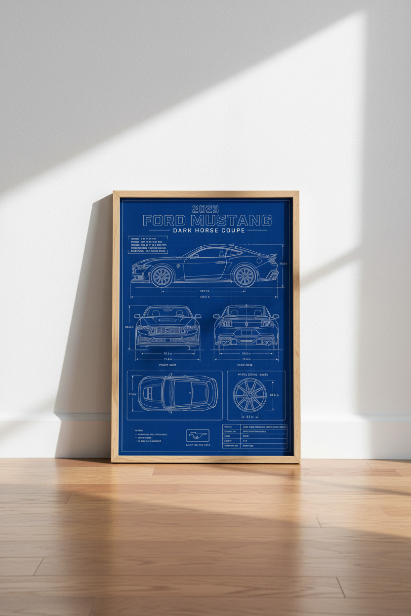 Ford Mustang Dark Horse Blueprint Wall Art | Man Cave Decor | Automotive Poster