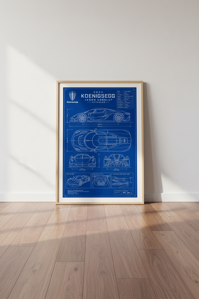 Koenigsegg Jesko Absolut Blueprint Wall Art | Office Decor | Supercar Poster
