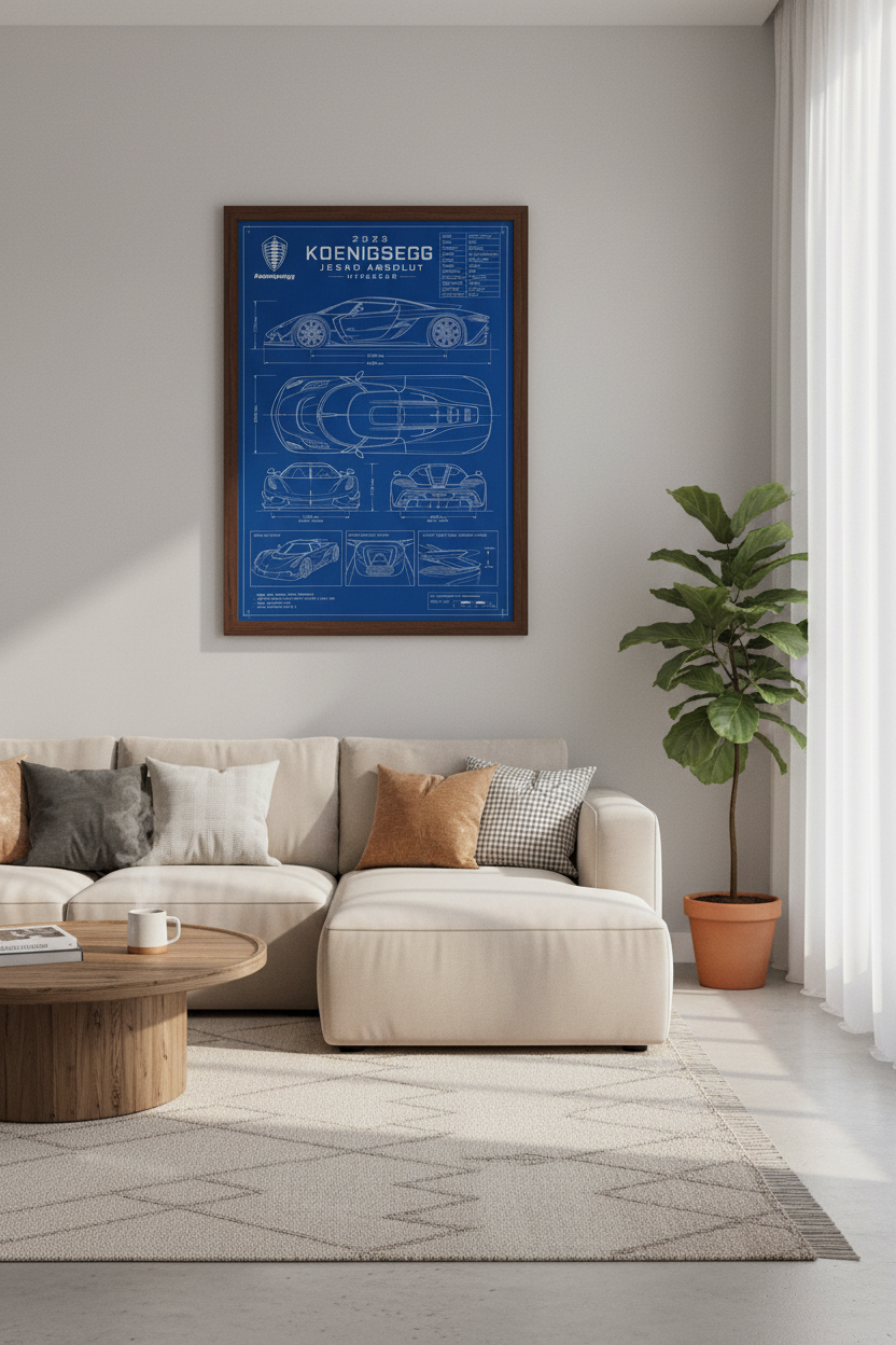 Koenigsegg Jesko Absolut Blueprint Wall Art | Office Decor | Supercar Poster
