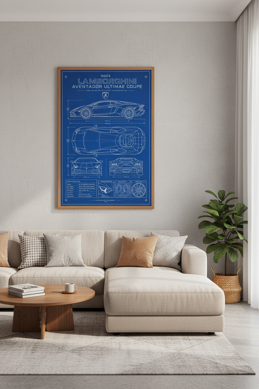 Lamborghini Aventador Blueprint Wall Art | Garage Decor | Blue Supercar Poster