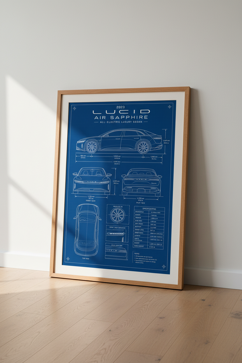 Lucid Air Sapphire Blueprint Wall Art Print | Office Garage Decor | Modern EV Poster