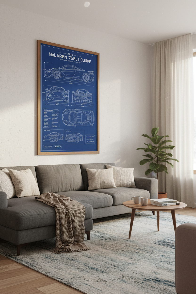 McLaren 765LT Blueprint | Technical Supercar Art, Modern Man Cave Decor