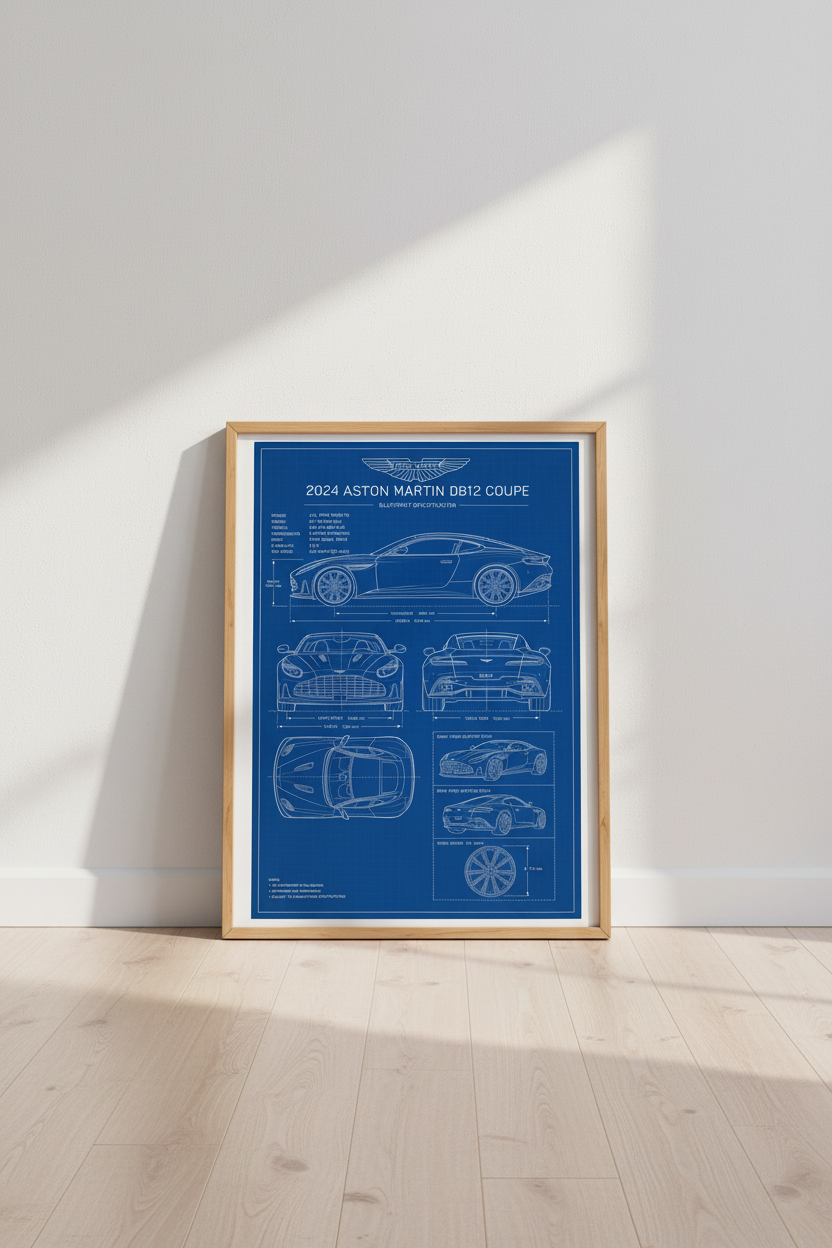 Aston Martin DB12 Blueprint Wall Art | Blue Car Poster, Office Decor