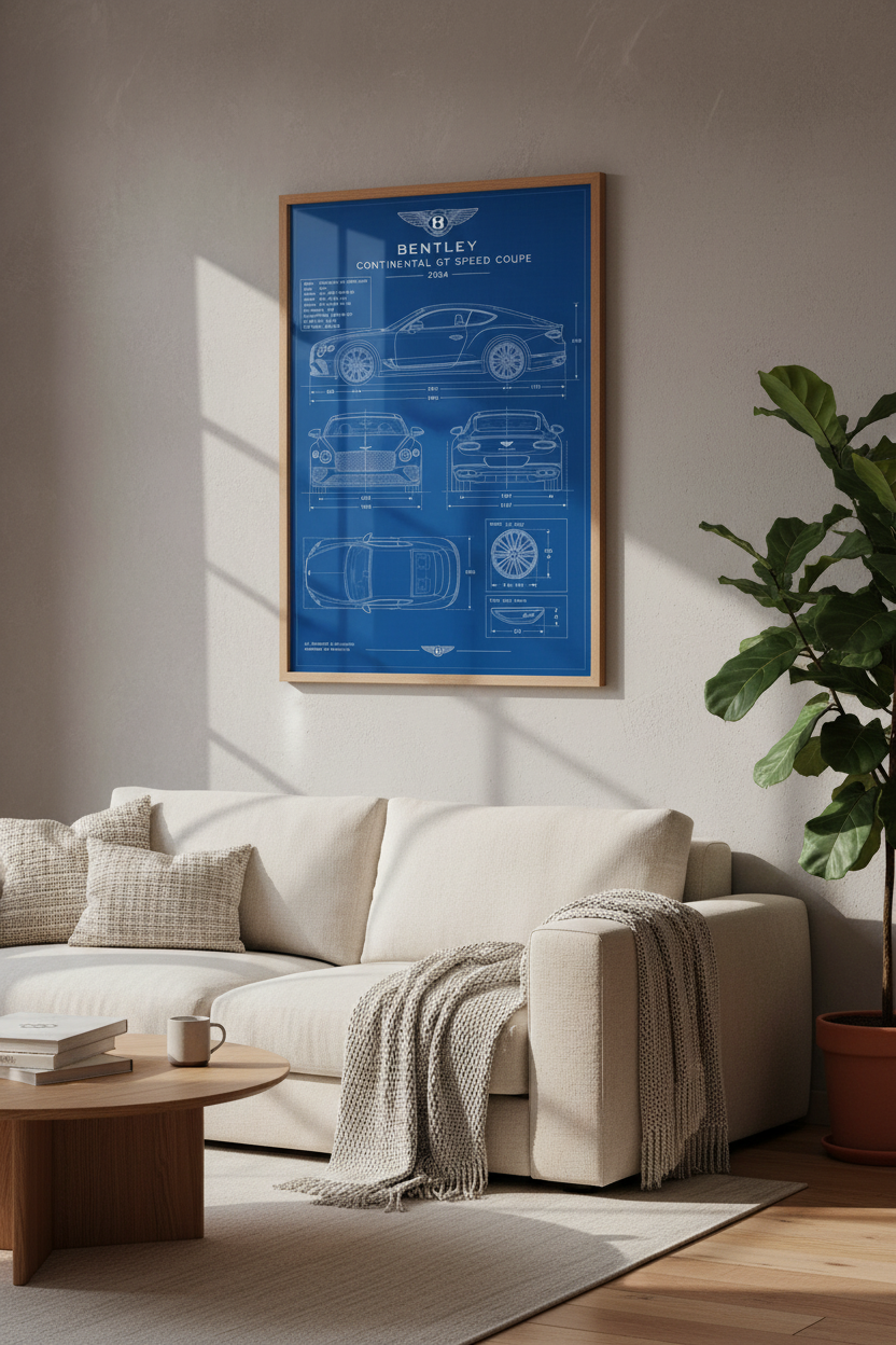 Bentley Continental GT Blueprint Wall Art | Office Decor | Luxury Car Poster Print