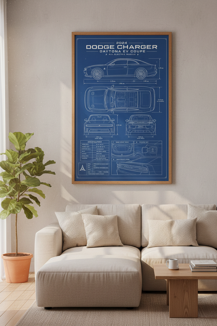 Dodge Charger Daytona EV Blueprint Wall Art | Garage Decor | Electric Muscle Car Poster