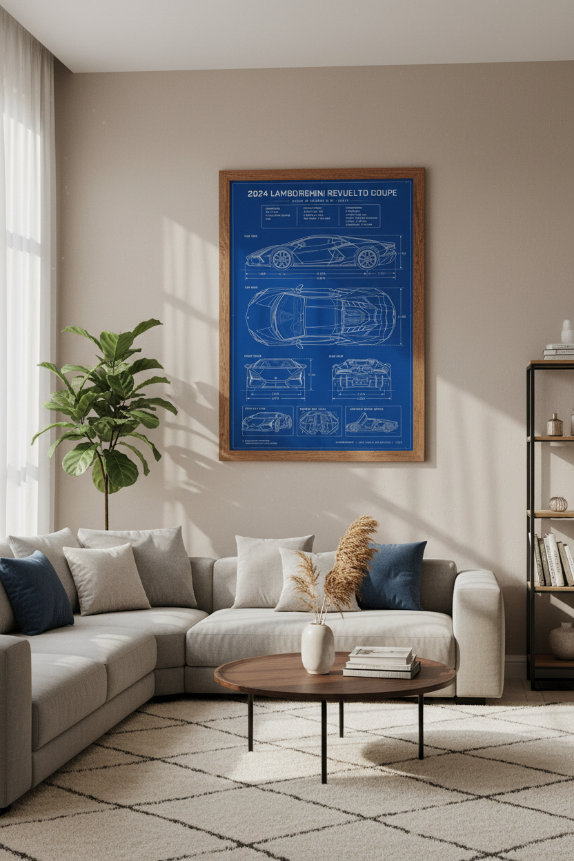 Lamborghini Revuelto Blueprint Wall Art | Office Decor | Modern Car Poster