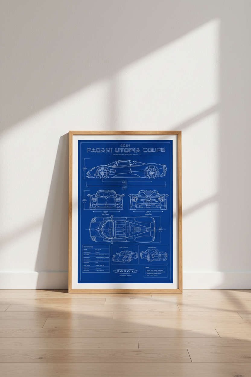Pagani Utopia Blueprint Wall Art | Supercar Technical Poster | Office Garage Decor
