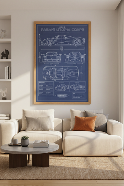 Pagani Utopia Blueprint Wall Art | Supercar Technical Poster | Office Garage Decor