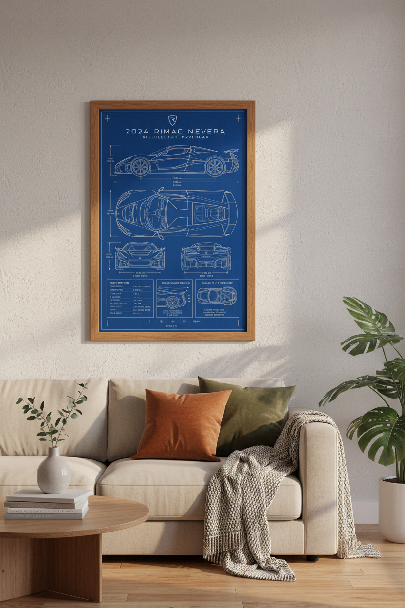 Rimac Nevera Blueprint Wall Art | Electric Hypercar Poster, Office Decor