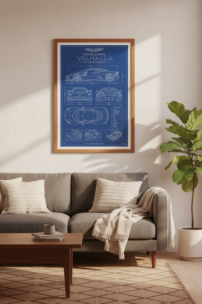Aston Martin Valhalla Blueprint Art | Blue Hypercar Poster, Man Cave Decor