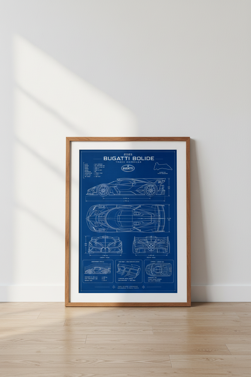 Bugatti Bolide Blueprint Wall Art | Blue Technical Poster, Man Cave Decor