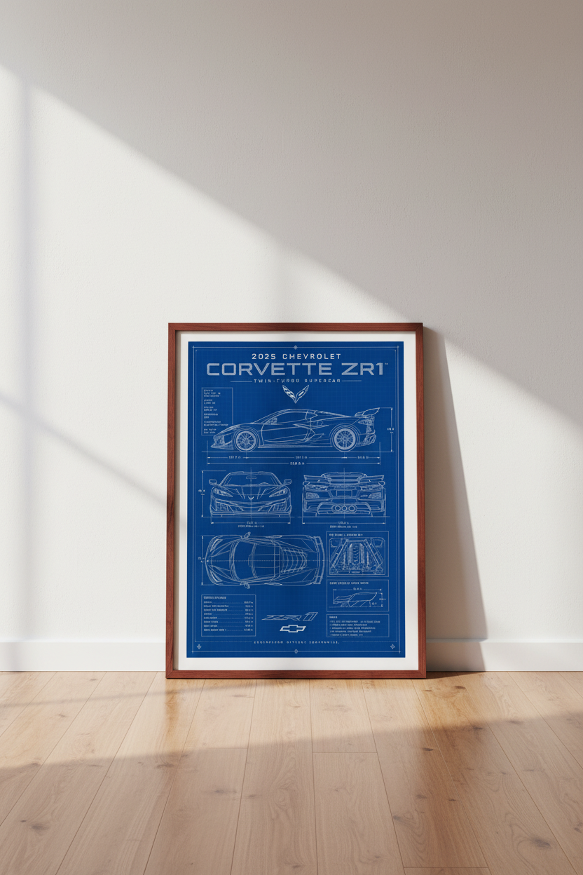 Corvette ZR1 Blueprint Wall Art | Car Enthusiast Gift | Garage Decor Supercar Poster