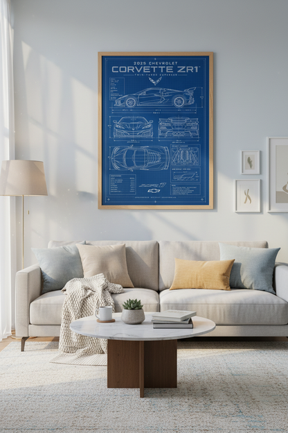 Corvette ZR1 Blueprint Wall Art | Car Enthusiast Gift | Garage Decor Supercar Poster