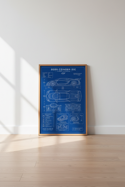 Czinger 21C Hypercar Blueprint Art | Garage &amp; Office Decor | Blue Technical Poster