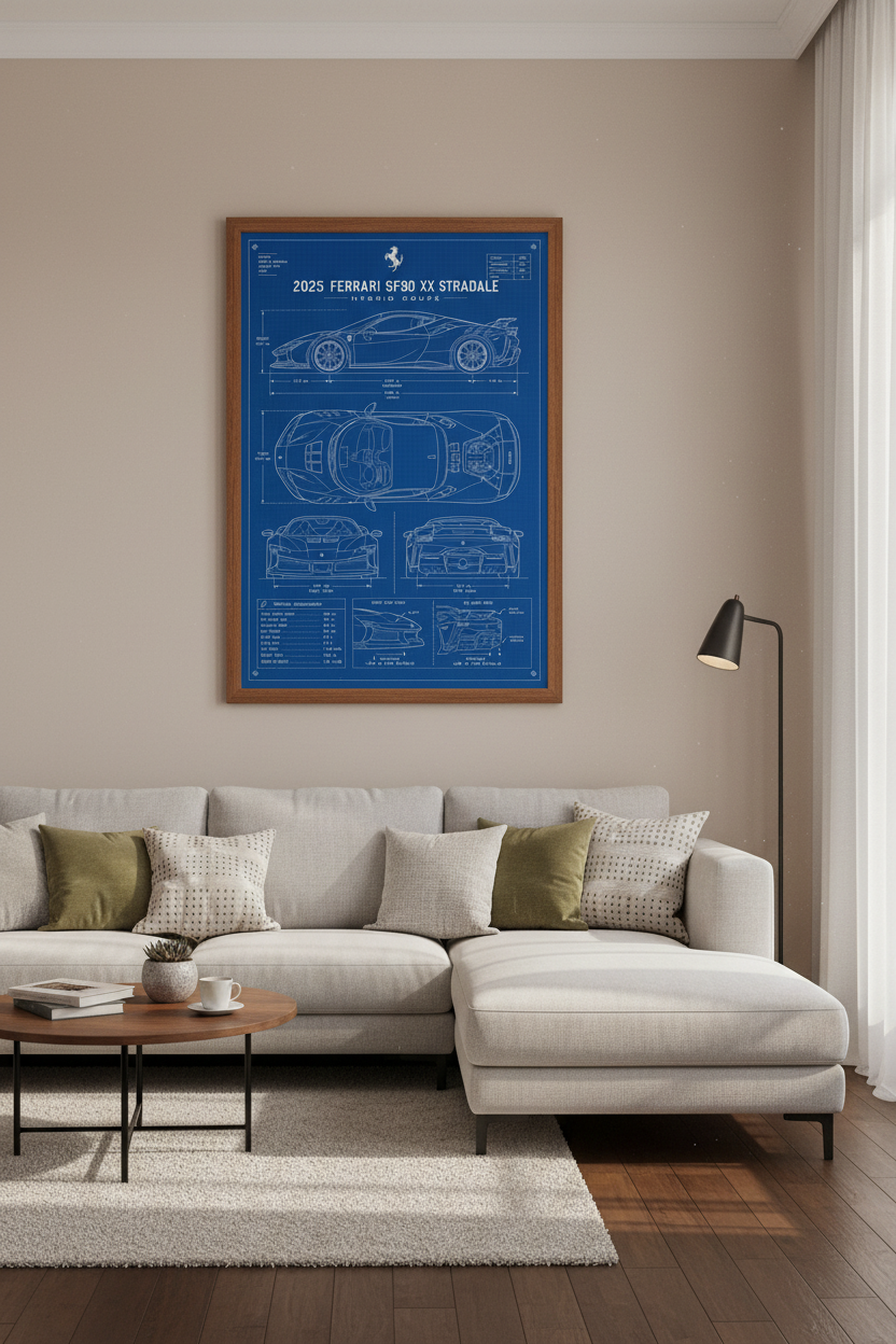 Ferrari SF90 XX Stradale Blueprint Art | Supercar Poster, Modern Garage Decor