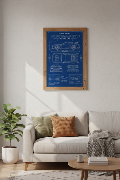 Ford Mustang GTD Blueprint Wall Art | Garage Decor | Technical Supercar Poster