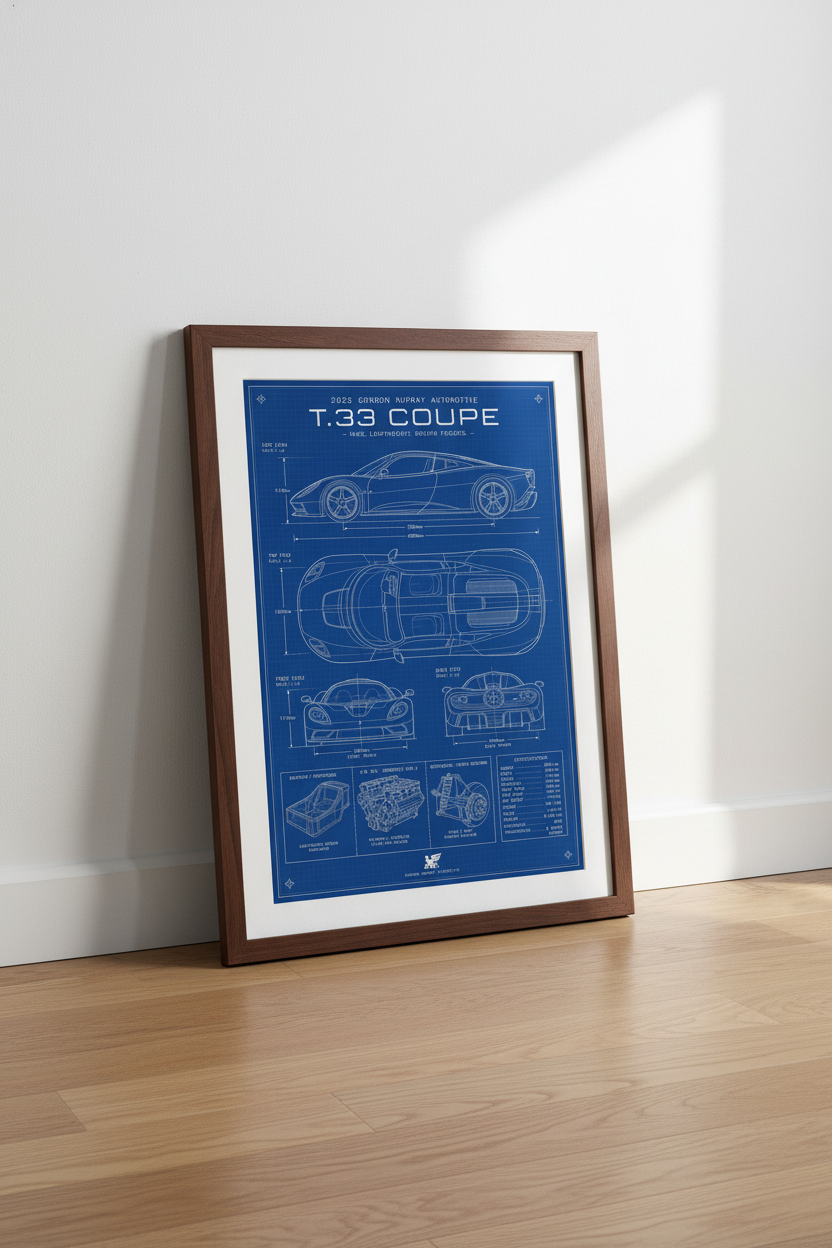 Gordon Murray T.33 Coupe Blueprint | Supercar Technical Poster, Office Decor