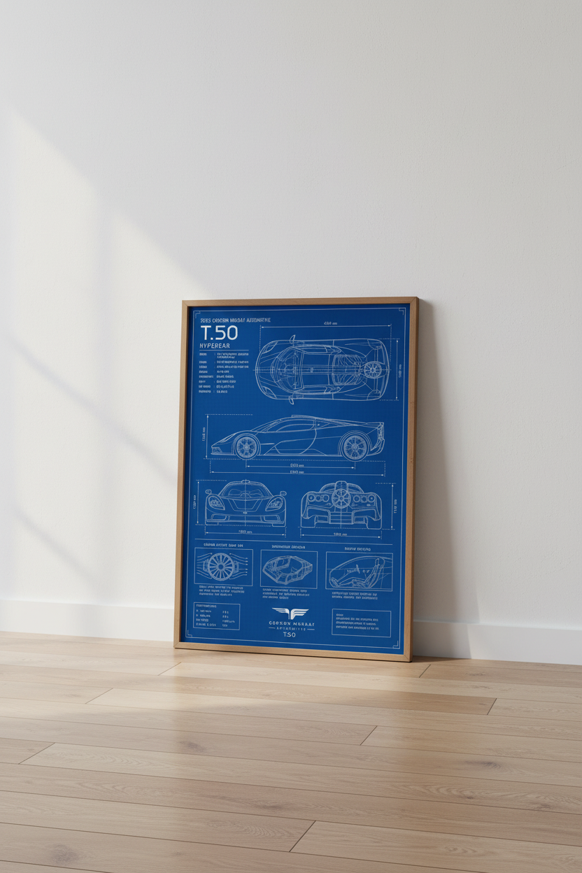 Gordon Murray T.50 Hypercar Blueprint | Blue Technical Poster, Garage Decor
