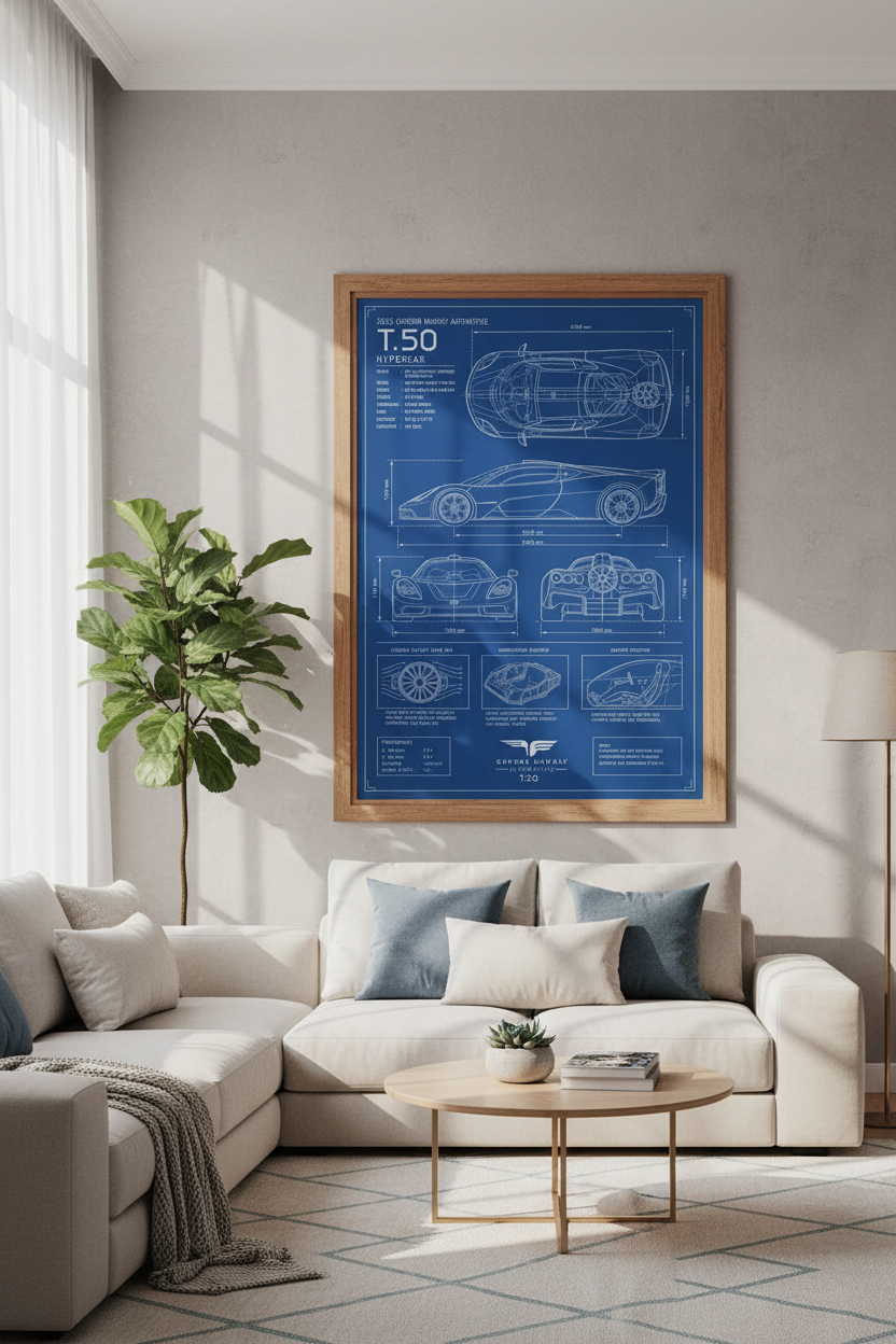 Gordon Murray T.50 Hypercar Blueprint | Blue Technical Poster, Garage Decor