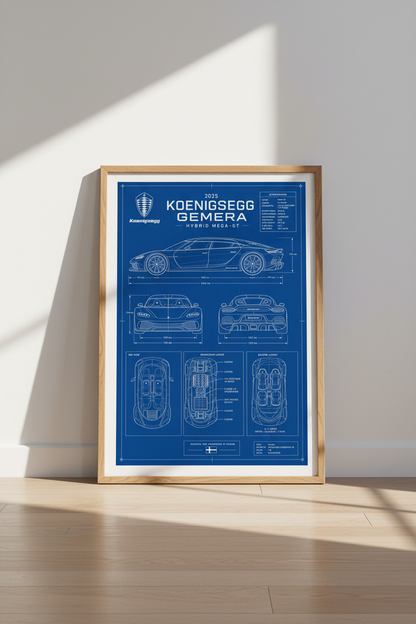 Koenigsegg Gemera Blueprint Wall Art | Office Decor | Hypercar Poster