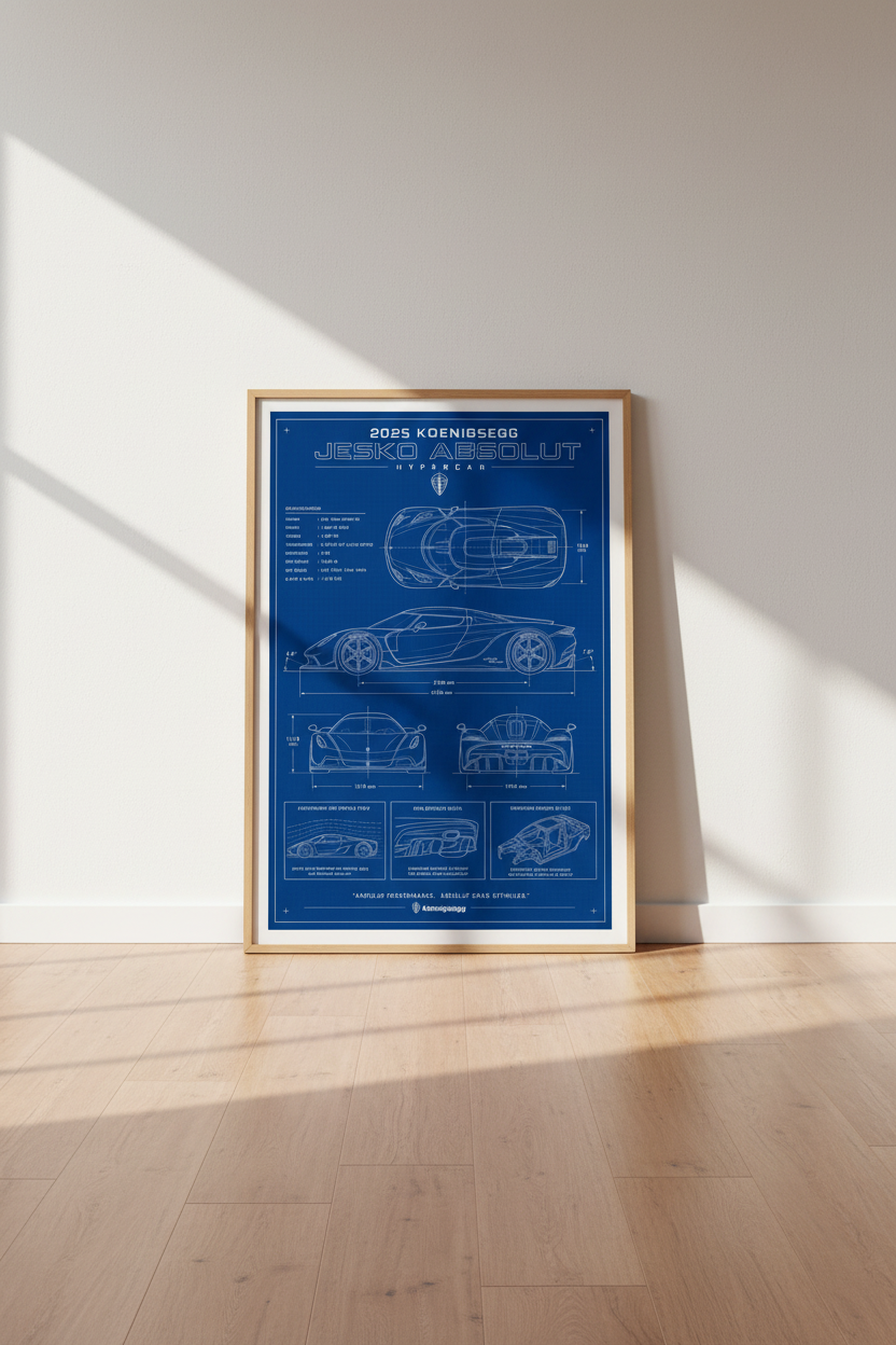 Koenigsegg Jesko Absolut Blueprint Wall Art | Hypercar Technical Poster | Man Cave Decor