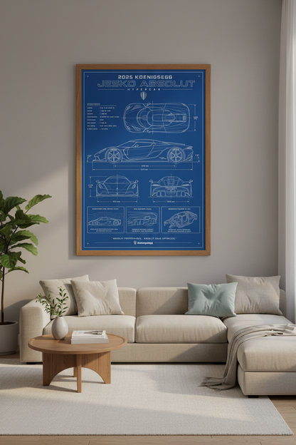 Koenigsegg Jesko Absolut Blueprint Wall Art | Hypercar Technical Poster | Man Cave Decor