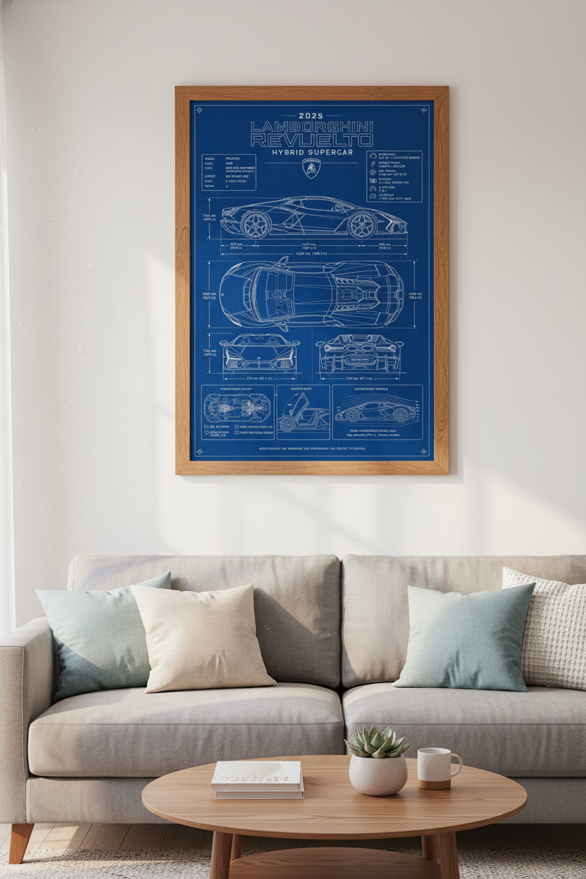 Lamborghini Revuelto Blueprint Wall Art | Sportscar Schematic, Office Decor Poster