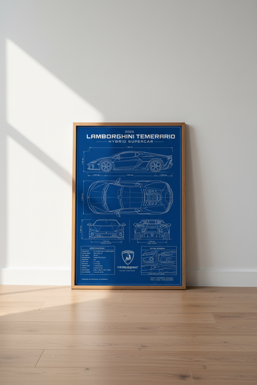 Lamborghini Temerario Blueprint Wall Art | Blue Technical Poster, Man Cave Decor