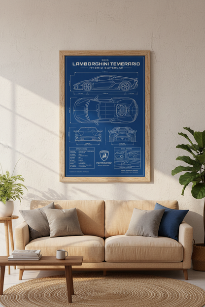Lamborghini Temerario Blueprint Wall Art | Blue Technical Poster, Man Cave Decor