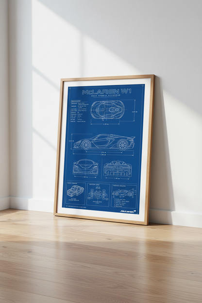 McLaren W1 Blueprint Wall Art Print | Garage Office Decor | Technical Hypercar Poster