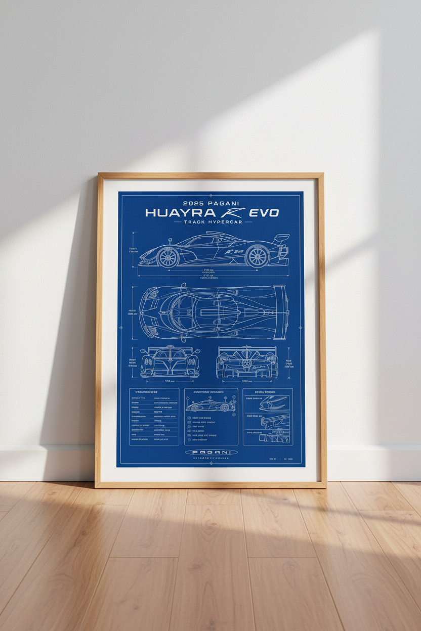 Pagani Huayra R Evo Blueprint Wall Art | Hypercar Poster, Office Decor