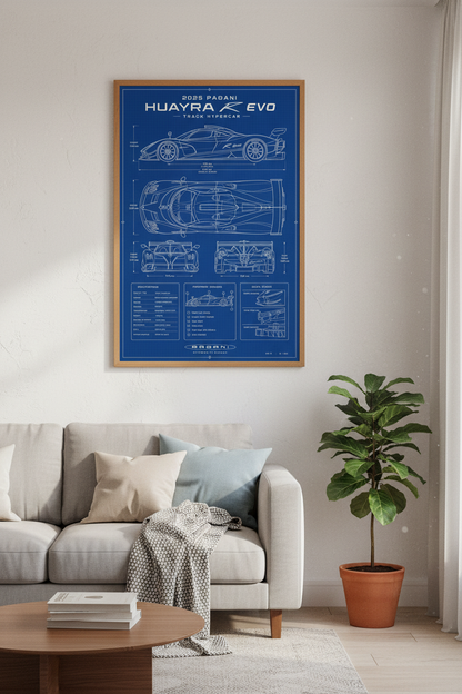 Pagani Huayra R Evo Blueprint Wall Art | Hypercar Poster, Office Decor