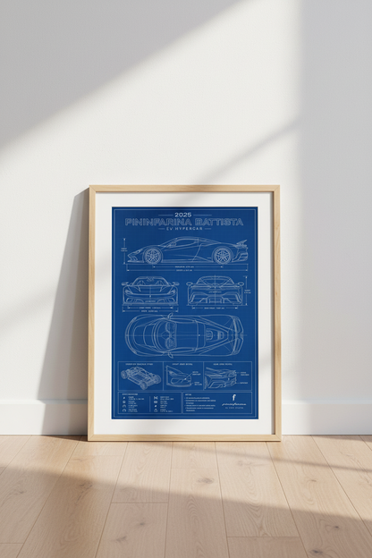 Pininfarina Battista Blueprint Wall Art | EV Hypercar Poster, Blue Office Decor