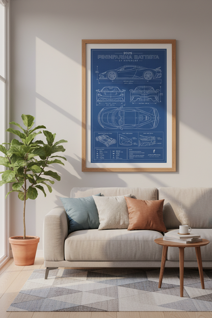 Pininfarina Battista Blueprint Wall Art | EV Hypercar Poster, Blue Office Decor