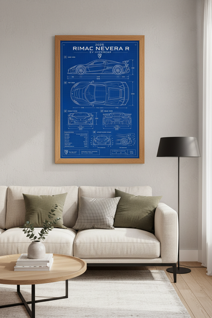 Rimac Nevera R Blueprint Art | EV Hypercar Poster, Office Garage Decor